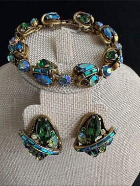 VTG Hollycraft Gold Tone Bracelet and Clip Earrings With Green & Blue AB Crystal